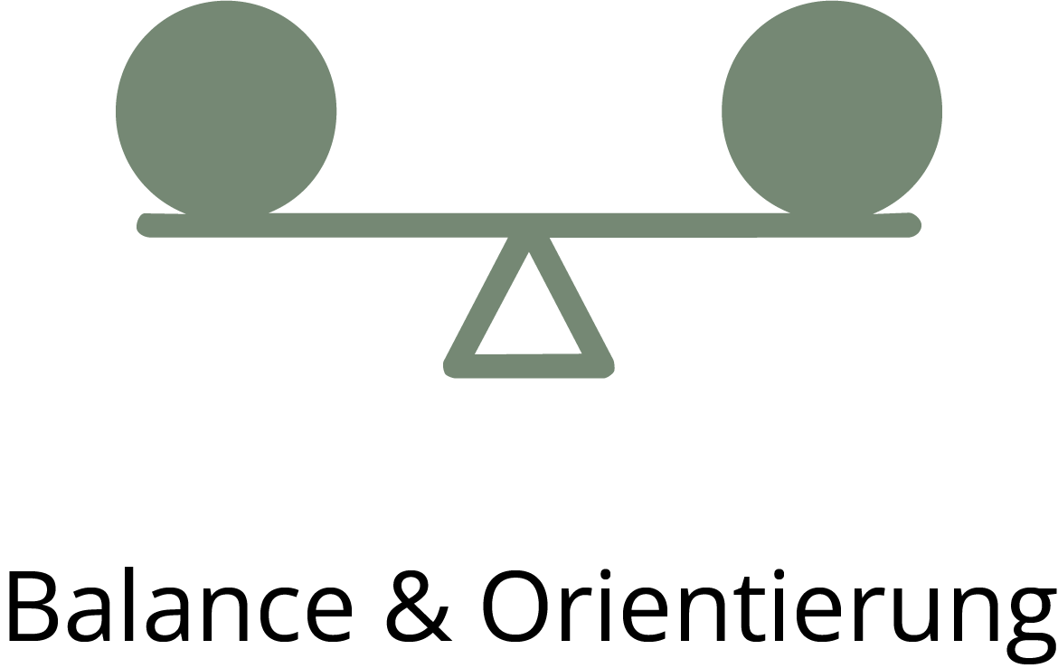 Icon einer Waage mit dem Schriftzug "Balance & Orientierung"