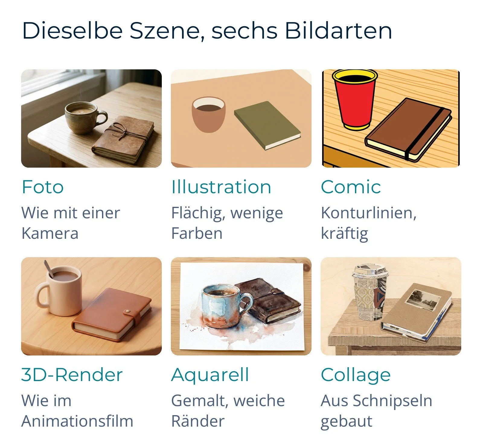 Dieselbe Szene in sechs Bildarten: Foto, Illustration, Comic, 3D-Render, Aquarell, Collage