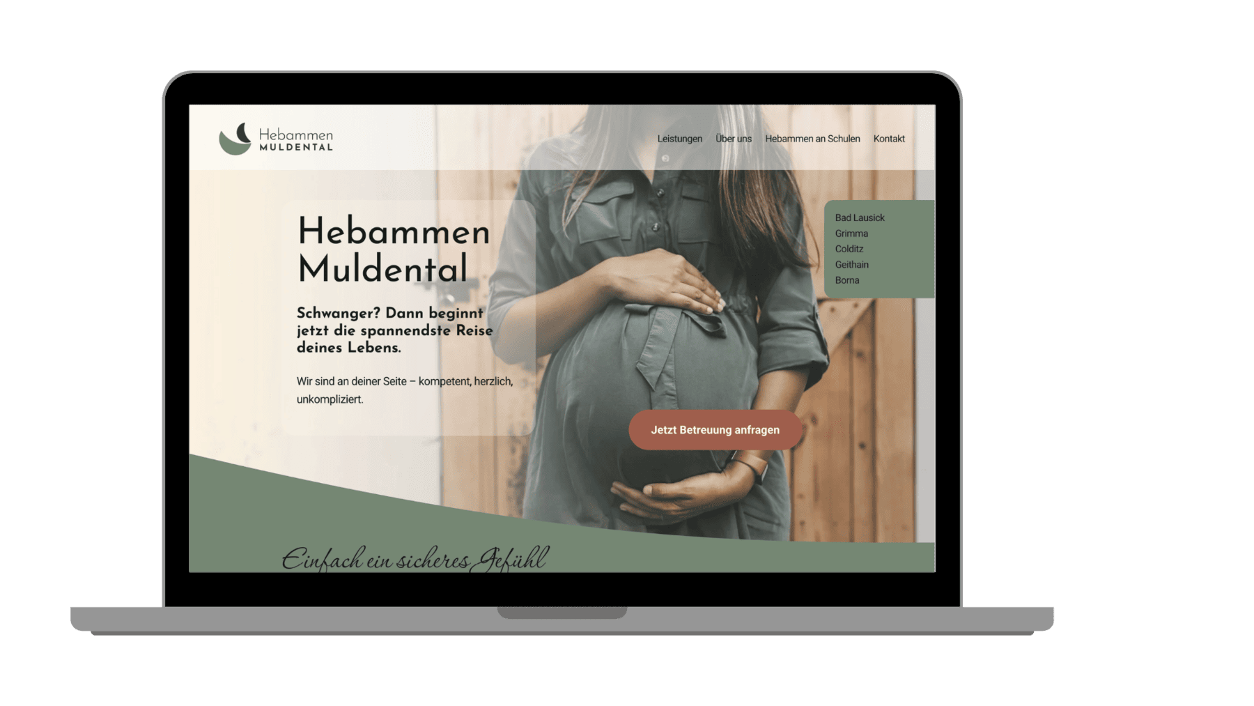 Mockup eines Laptops mit der Startseite der Hebammen Muldental