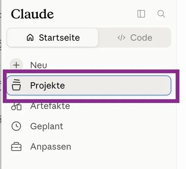Screenshot Seitenleiste Claude mit Projekt