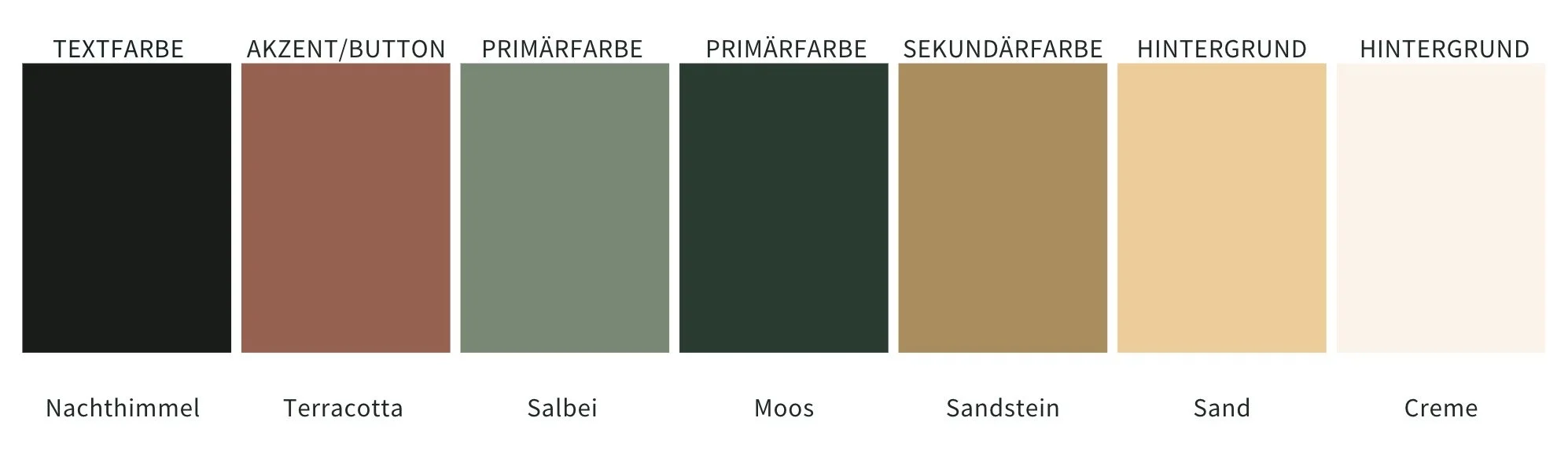 Farbpalette mit Rechtecken aus gedeckten Farben  mit Grüntönen, Terracotta und Sandfarben