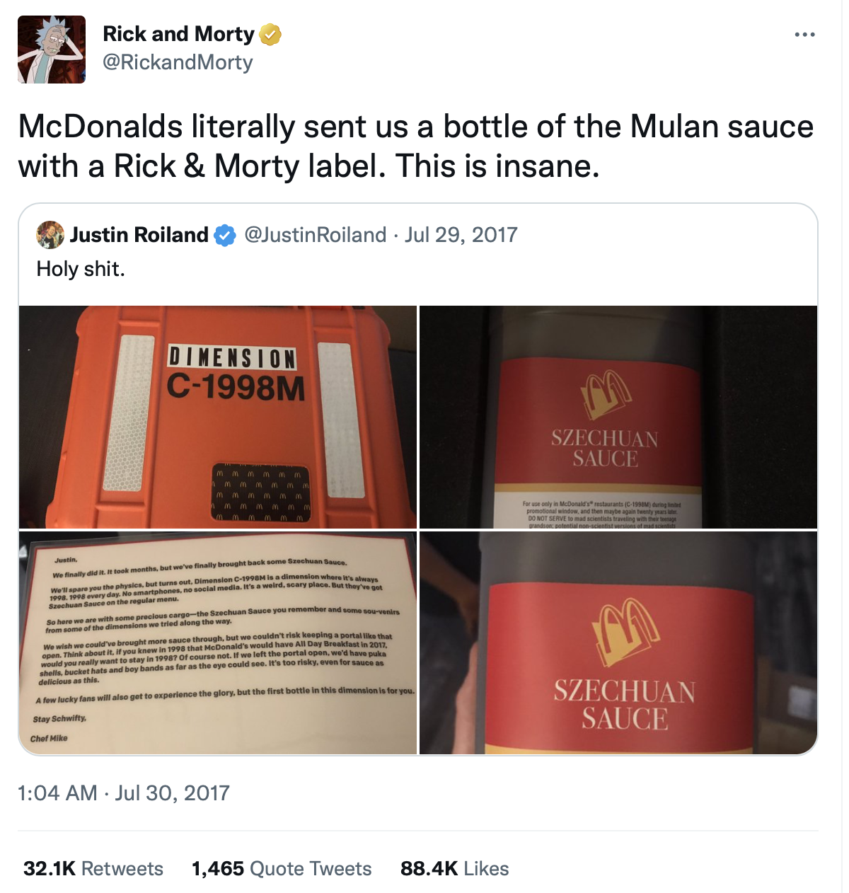 Tweet from Rick and Morty: "McDonald's sent us a bottle of Mulan Sauce with a Rick & Morty label. This is insane."