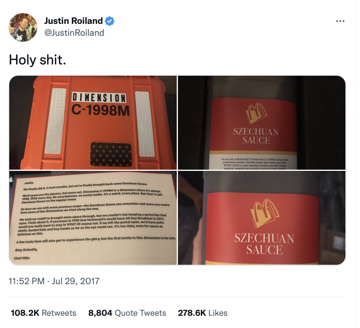 Tweet from Justin Roiland containing close-up shots of Szechuan Sauce bottle. Text reads "Holy shit." 