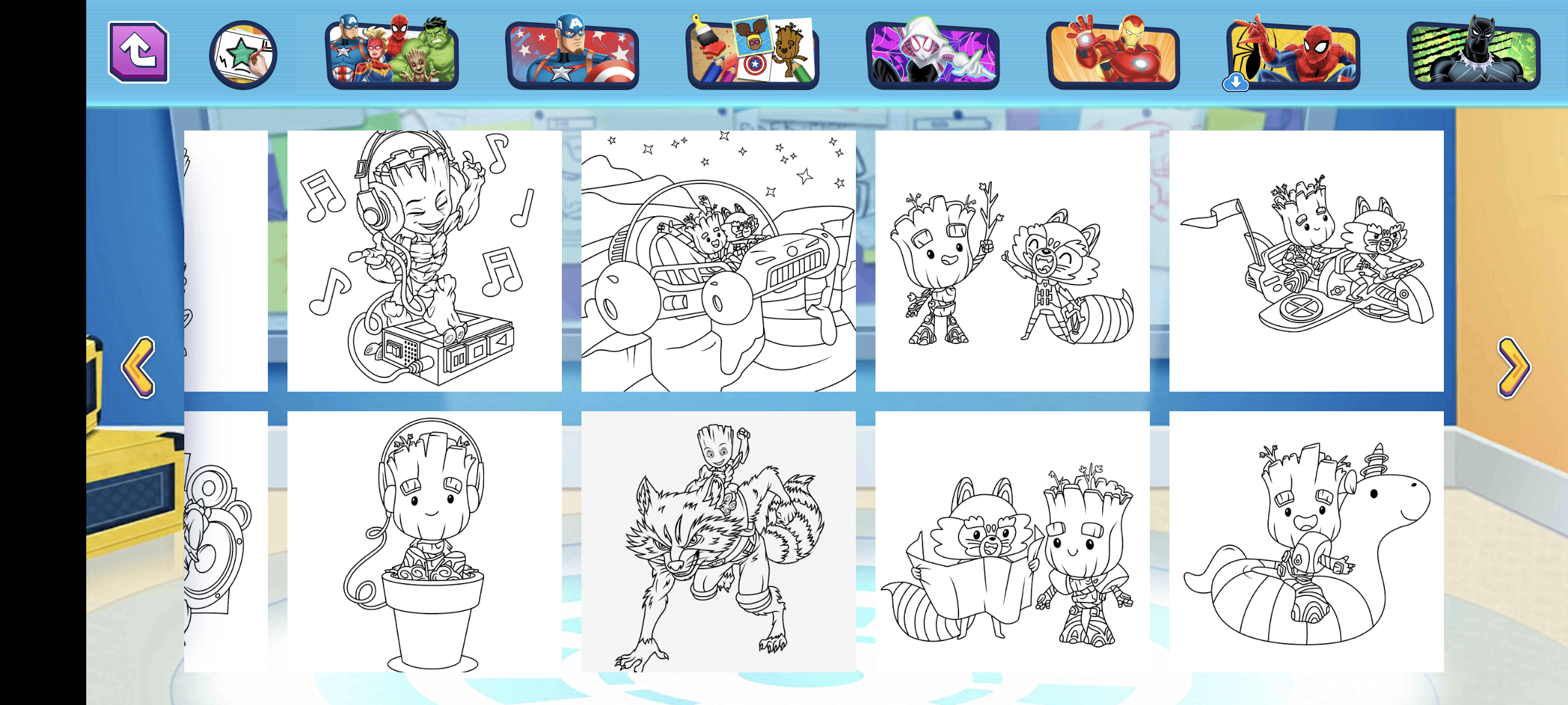 Screenshot of the app with Groot's colouring pages