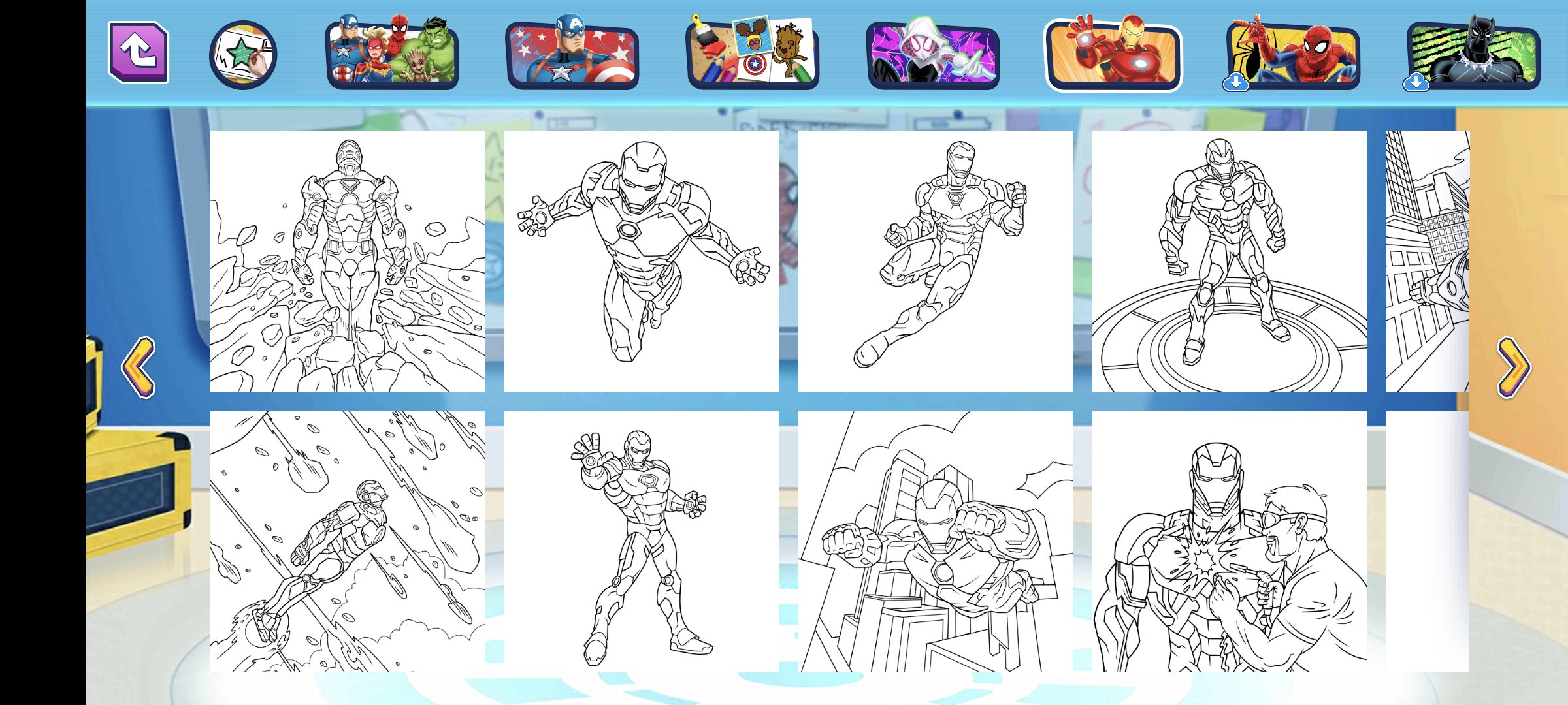 Screenshot of the app with Iron Man's colouring pages