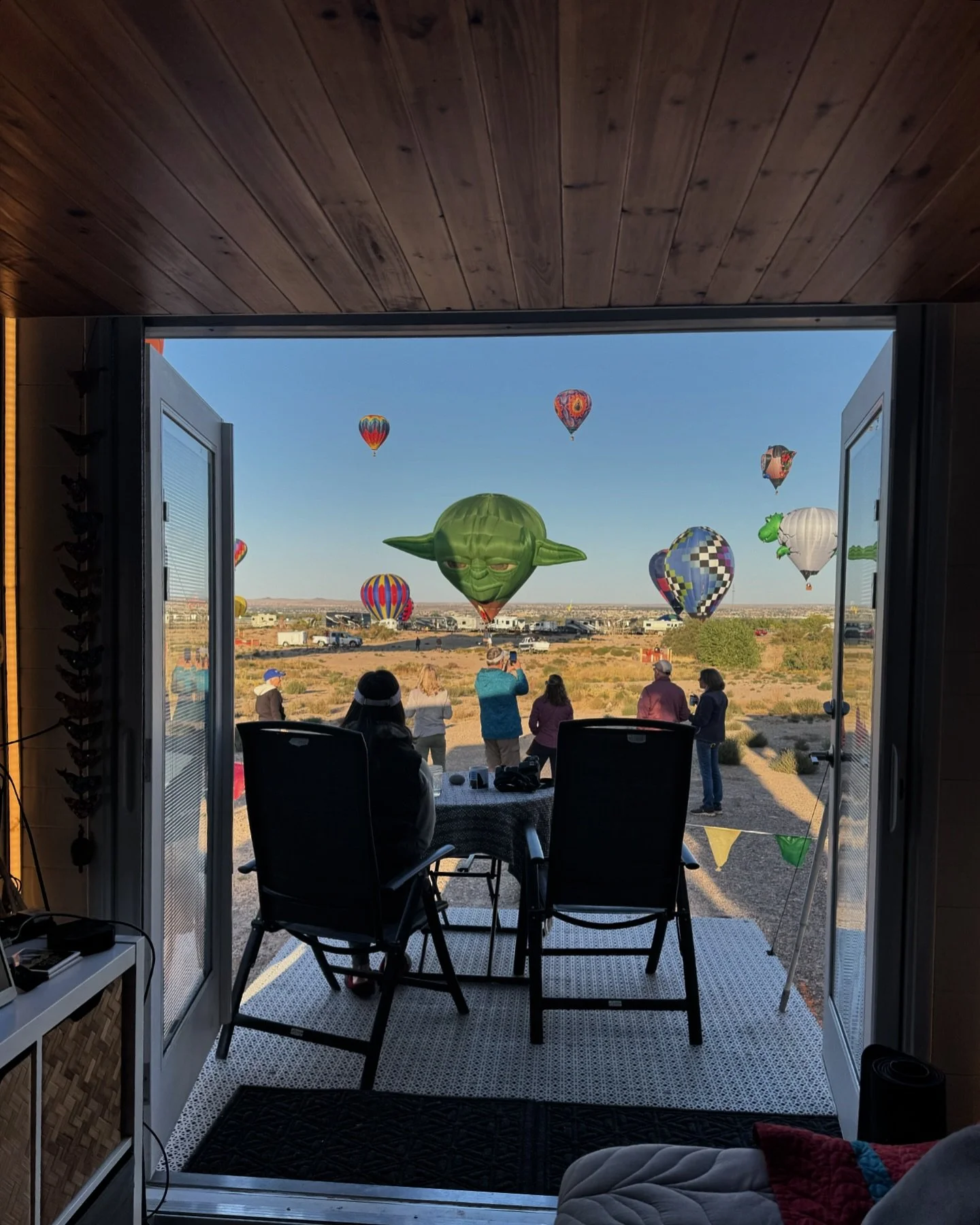 The view from our deck at the Albuquerque Balloon Fiesta has been EPIC!! The company was even better!! #albuquerqueballoonfiesta #rvlife