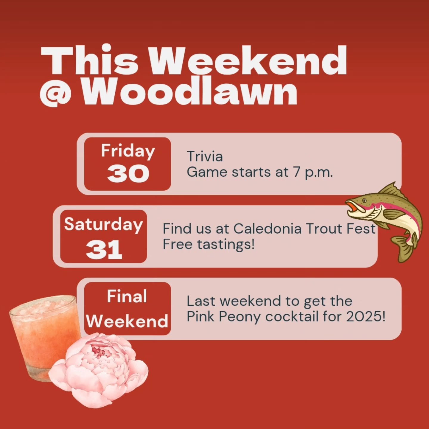 Need weekend plans? We've got you covered at Woodlawn!

🧠 FRIDAY, May 30 &ndash; Kick off your weekend with our always-popular Trivia Night!
Grab your friends, show off your knowledge, and compete for prizes. The game starts at 7 p.m., so come early