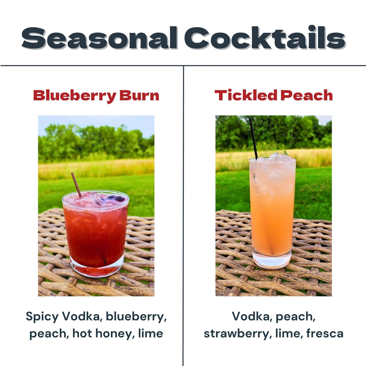 ☀️ Summer Sips Are Here! 🍑🔥

Introducing two bold new cocktails that capture the sweet heat of summer:

🍹 Blueberry Burn
This one&rsquo;s got a kick. Made with spicy vodka, blueberry, juicy peach, a drizzle of hot honey, and a splash of lime&mdash