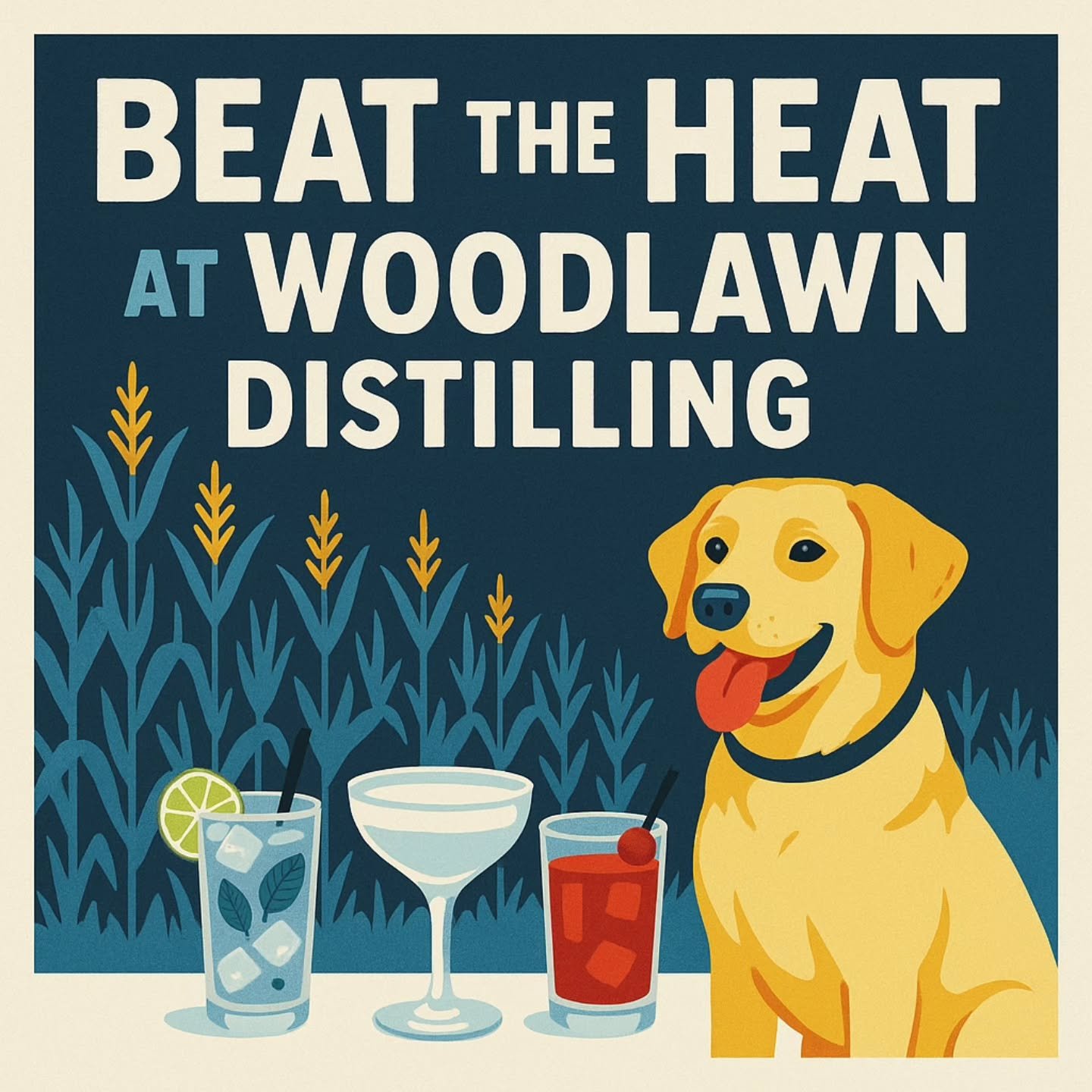 We&rsquo;re open 12&ndash;6 today and ready to help you beat the heat 🔥☀️
Cool off with fresh cocktails, a shady spot by the field, and a few tail wags from our miss Poppy. 

#WoodlawnDistilling #BeatTheBest #SummerCocktails #DistilleryVibes