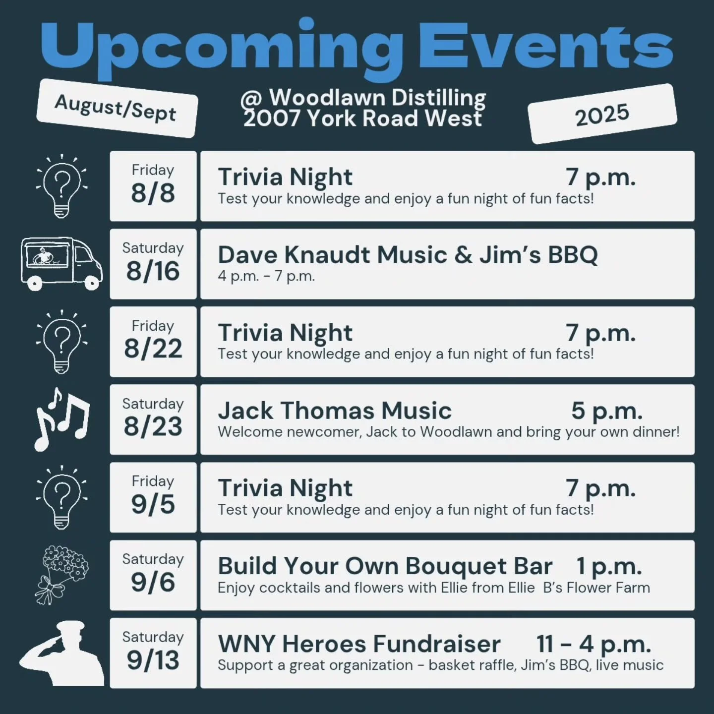 🎉 The tasting room is hopping, and we&rsquo;re hitting the road! 🎶🍸

Join us at Woodlawn Distilling for trivia nights, live music, bouquet bars, and a hero-worthy fundraiser &mdash; or catch us out and about at markets, festivals, and tractor show