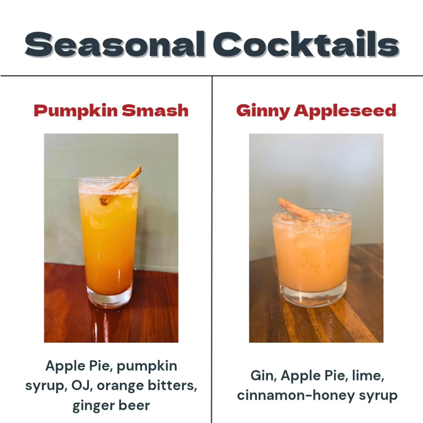 π Fall is here, and so are our new seasonal cocktails! πΈβ¨
π Pumpkin Smash – Apple Pie, pumpkin syrup, OJ, orange bitters, and a splash of ginger beer for that cozy autumn kick.
π Ginny Appleseed – Gin, Apple Pie, fresh lime, and cin