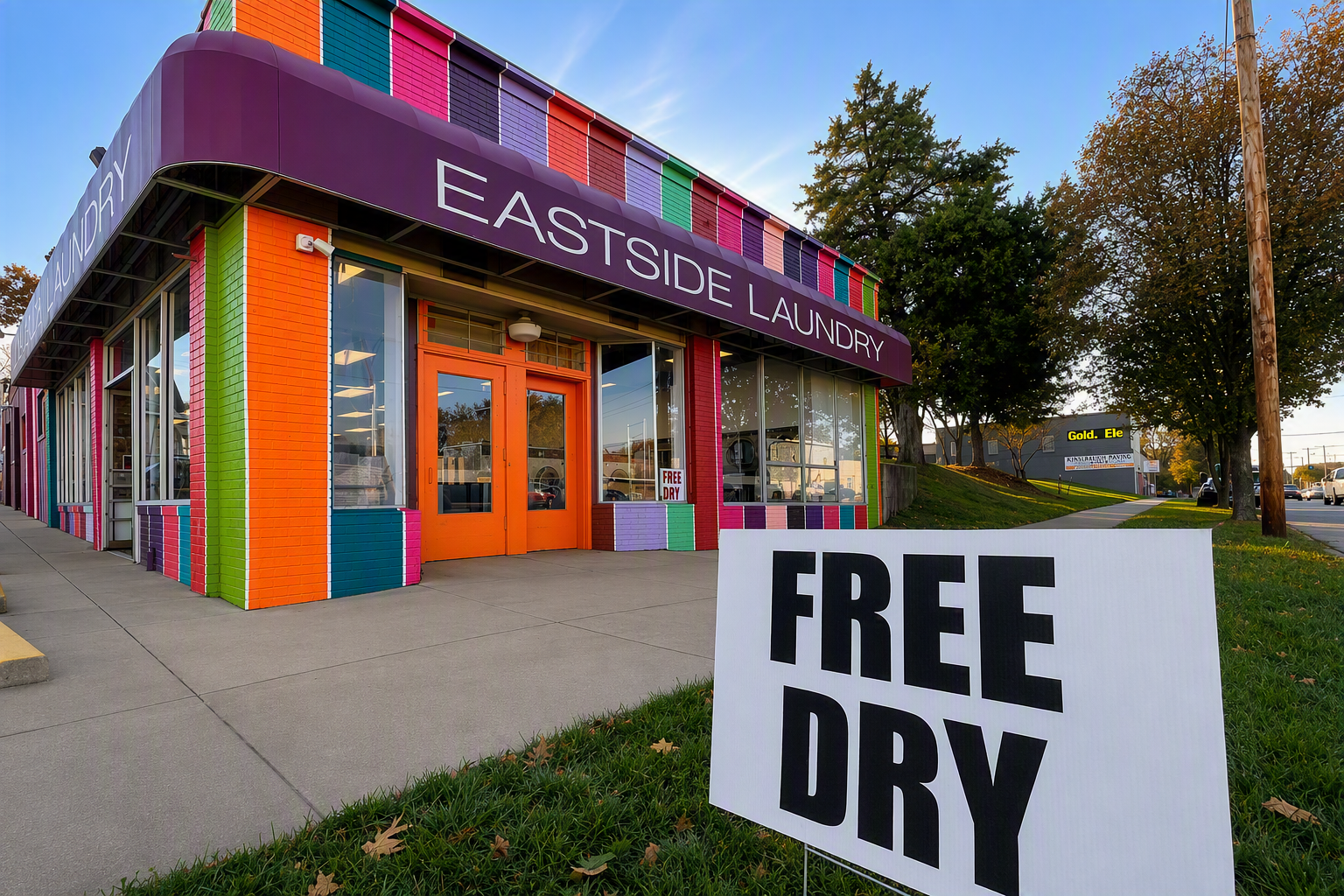 Eastside Coin Laundry storefront offering free drying, self-service laundry, and modern equipment in Kansas City, Missouri.