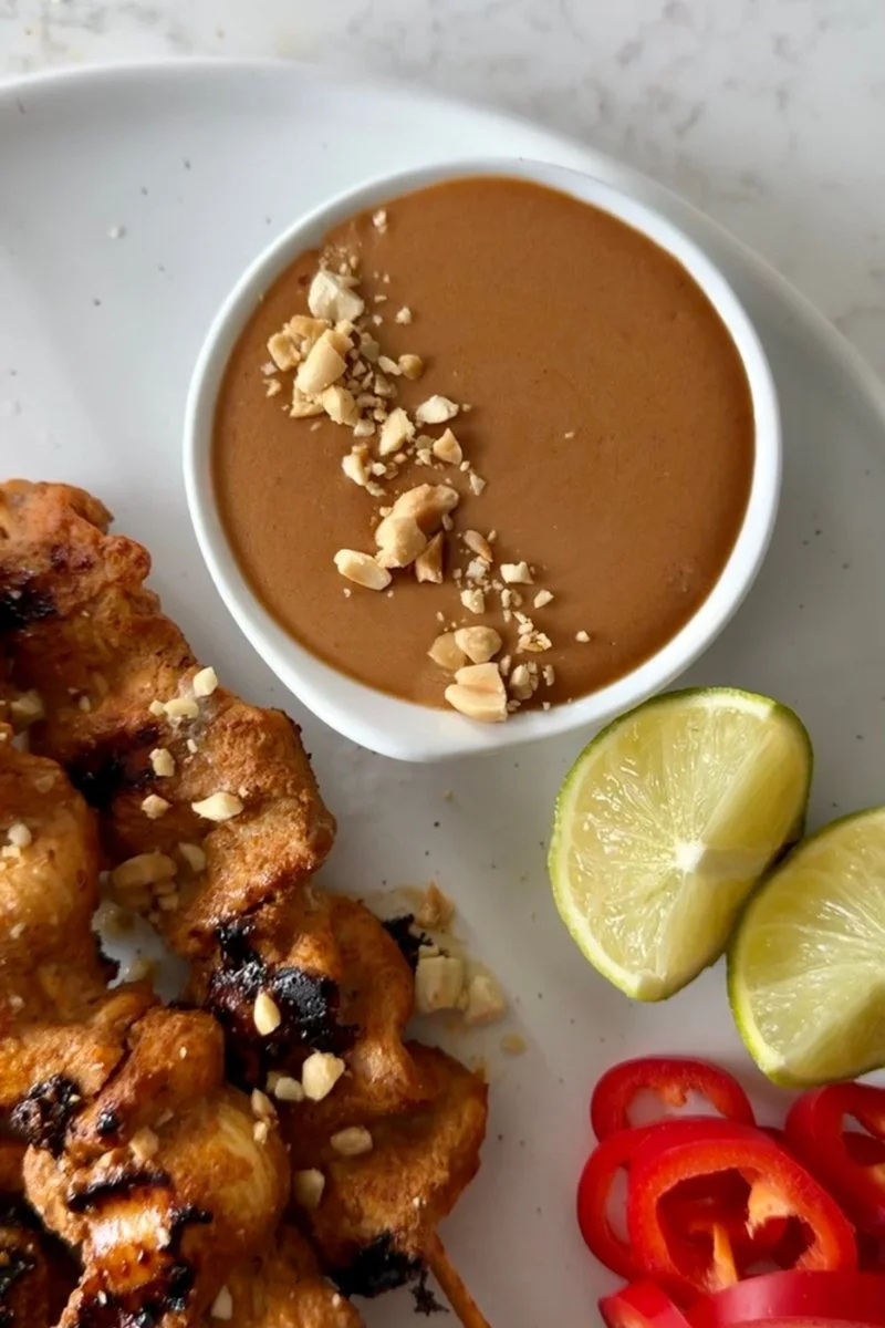 A bowl of peanut sauce garnished with chopped peanuts, surrounded by chicken satay, lime wedges, and sliced red chili peppers.