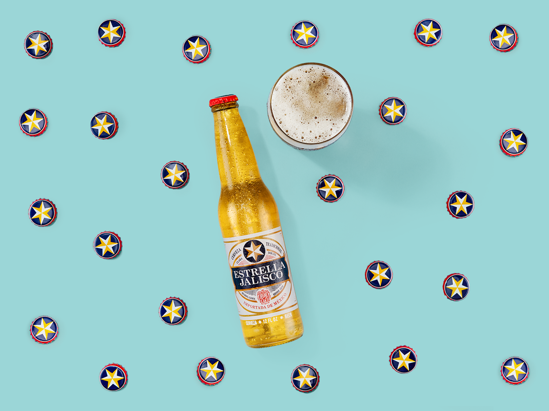 Estrella Jalisco product photography with brand pattern design, creative direction by Manu Valencia.