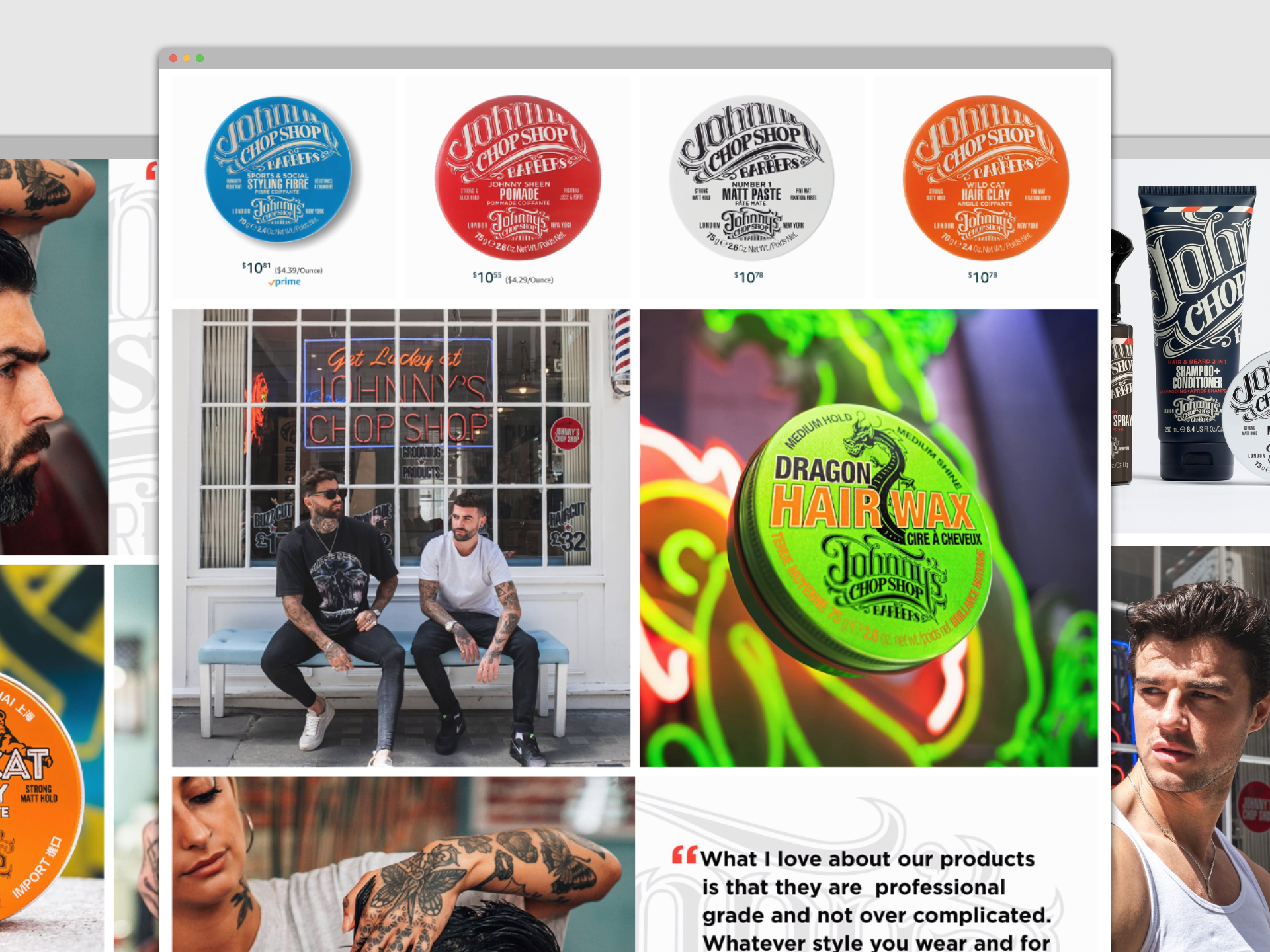 Johnny's Chop Shop Amazon storefront redesign showing product grid, brand photography, and A+ content modules, creative direction by Manu Valencia.