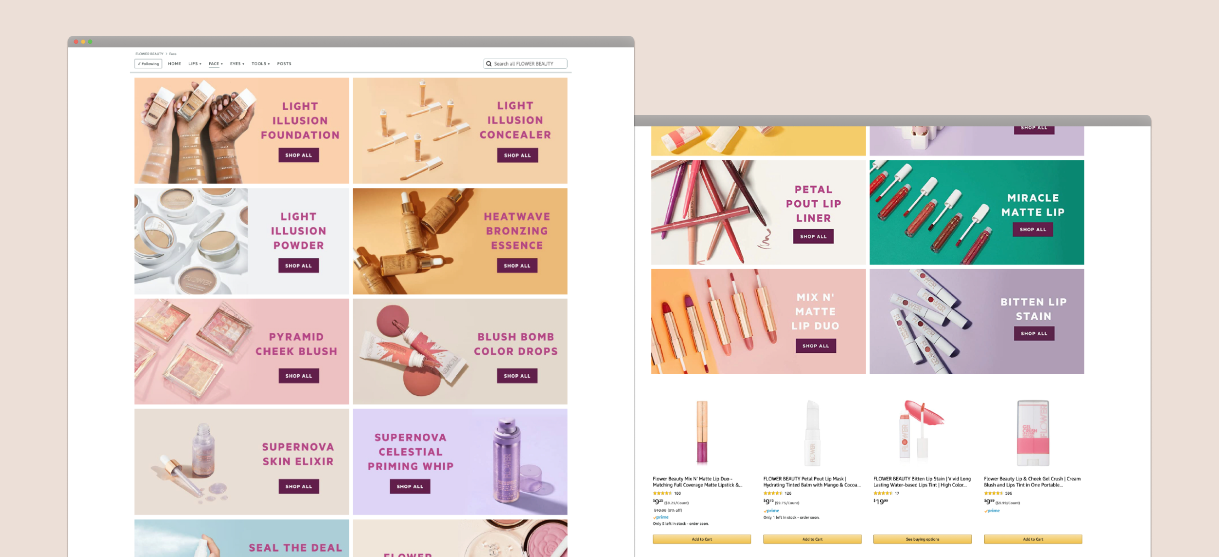 Flower by Drew Amazon Brand Store product category pages and lip collection, art directed by Manu Valencia at Packable.