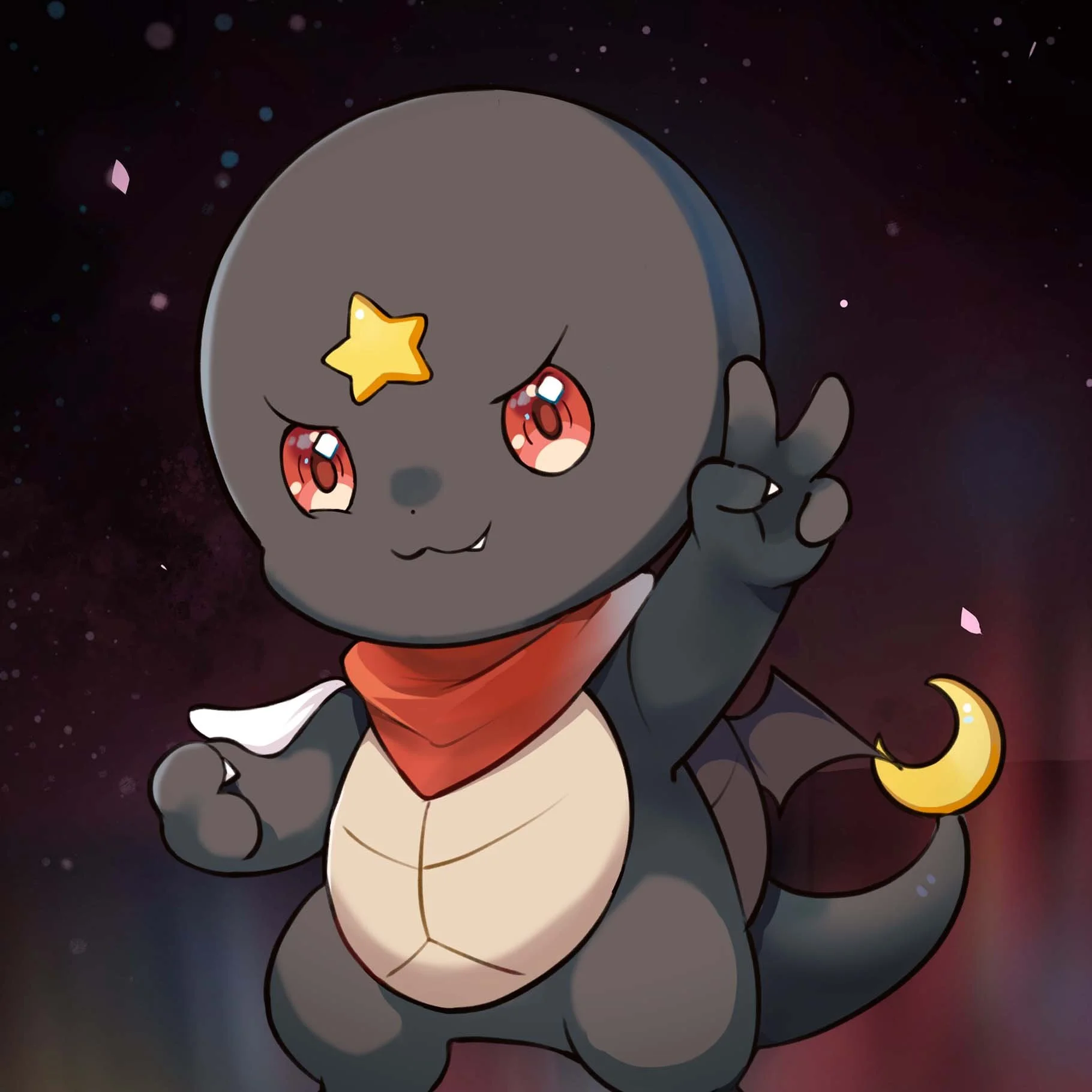 Kami-Con's mascot, Shoyu. A black turtle with red eyes, a gold star on his forehead, one white feathered wing and one black bat-like wing. He wears a red bandana around his neck.