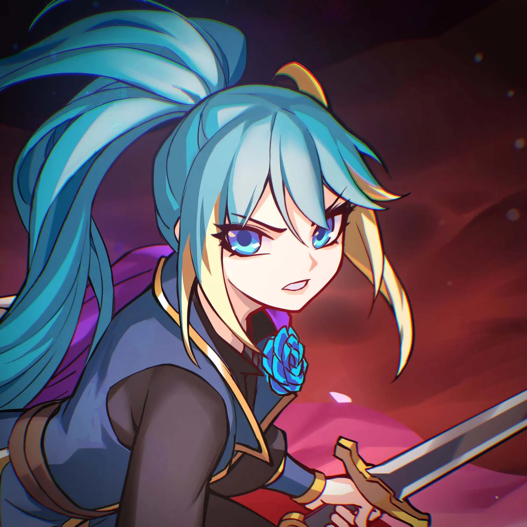 Kami-Con's mascot, Kosho. A girl with blue hair with blonde highlights and blue eyes.
