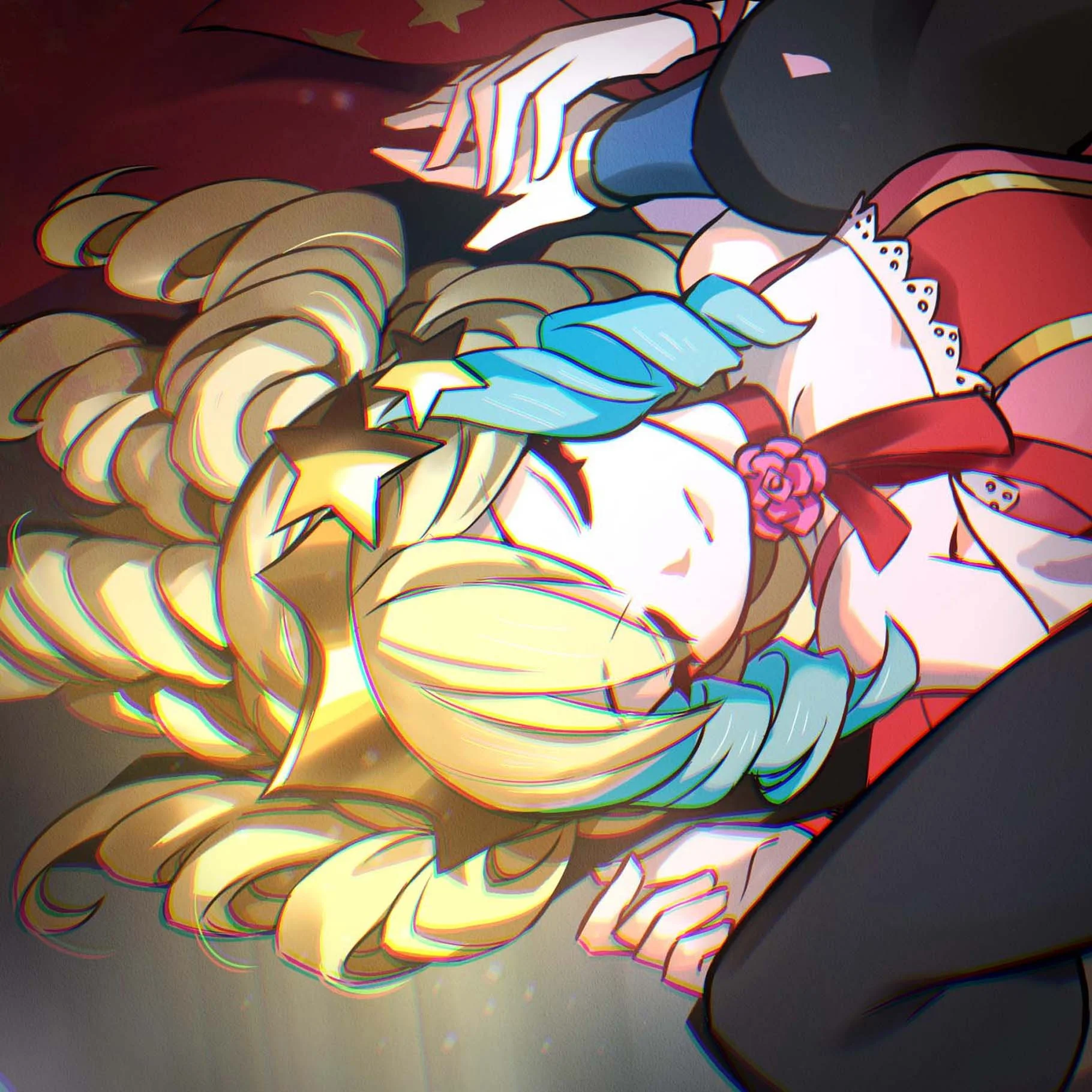 Kami-Con's mascot, Shio. A girl with blonde hair with blue highlights and blue eyes.