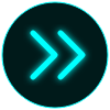 Bright blue compass icon with double arrow pointing right on a dark background