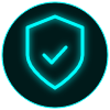 A digital shield icon with a check mark in the center, glowing in blue neon.
