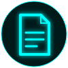 Icon of a document with lines of text, glowing in blue against a black background.