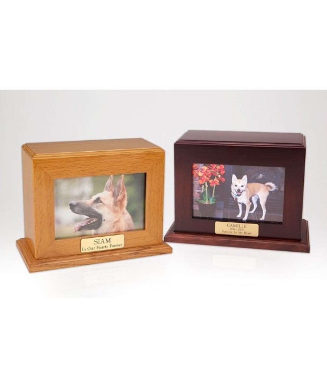 Wooden urns with photo frame and brass nameplate