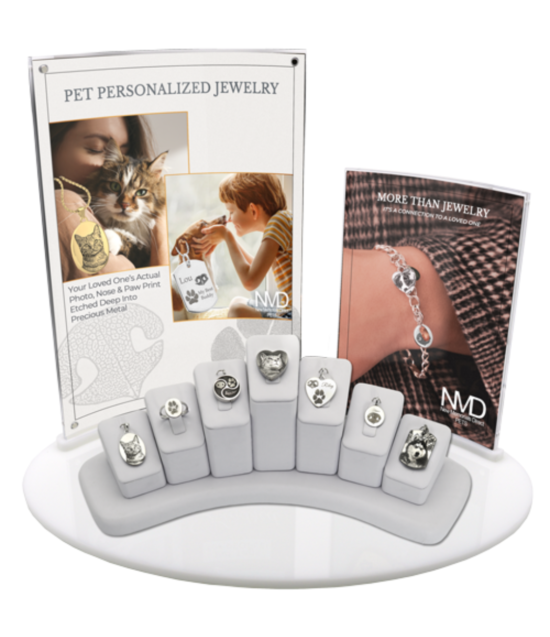 Various shapes and sizes and styles of silver jewelry with pet personalizations available
