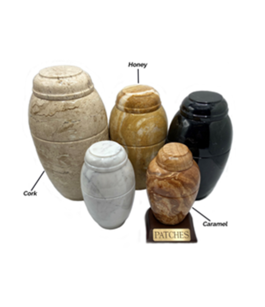 a collection of 5 marble urns in various sizes and colors