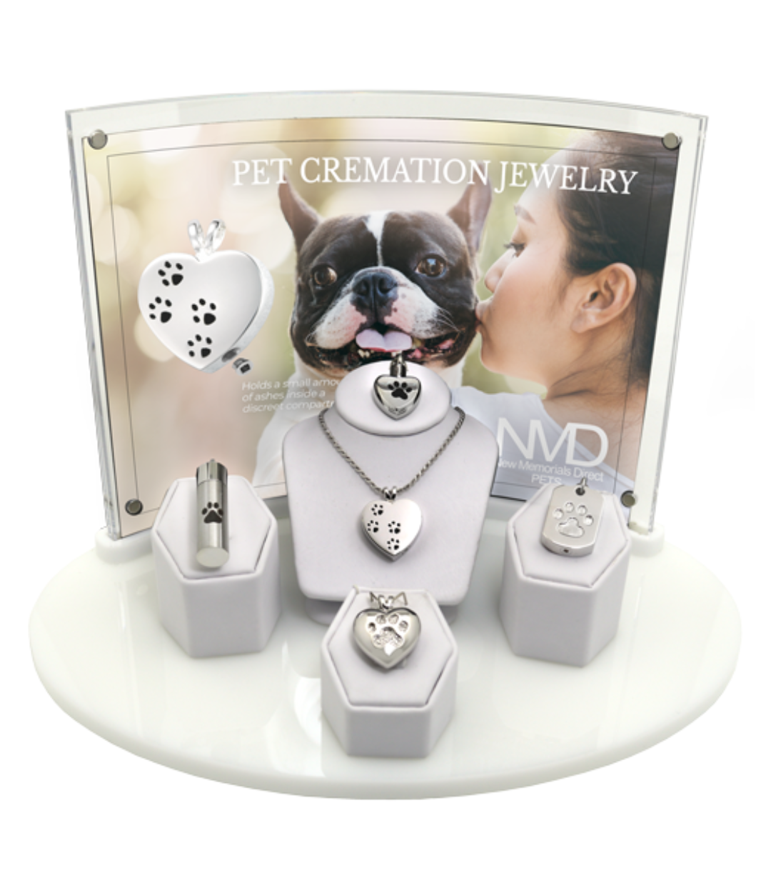Various shapes and sizes and styles of silver jewelry with pet cremated remains available