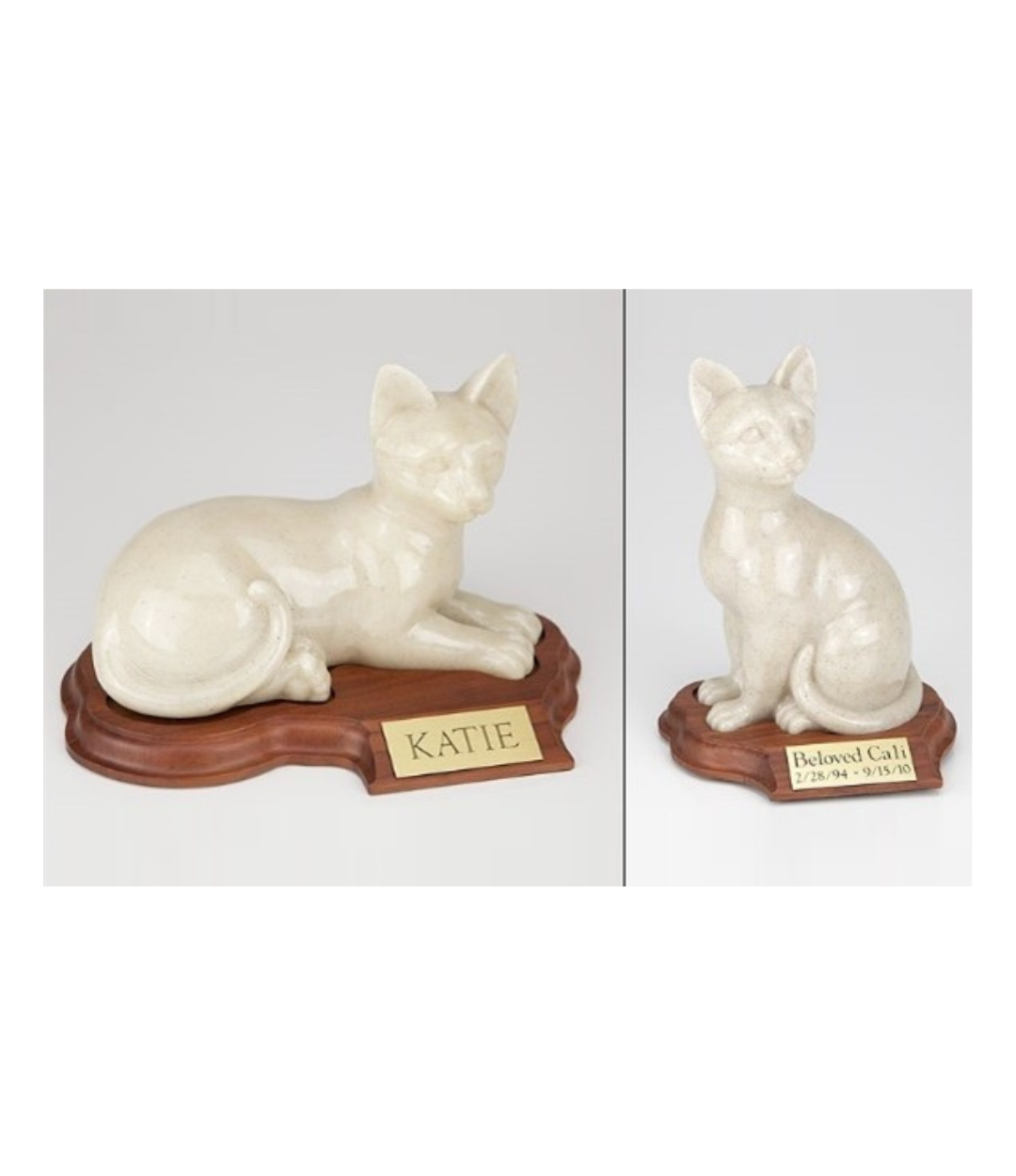 Light colored statue of a cat sitting or laying on a wooden pedestal pet urn
