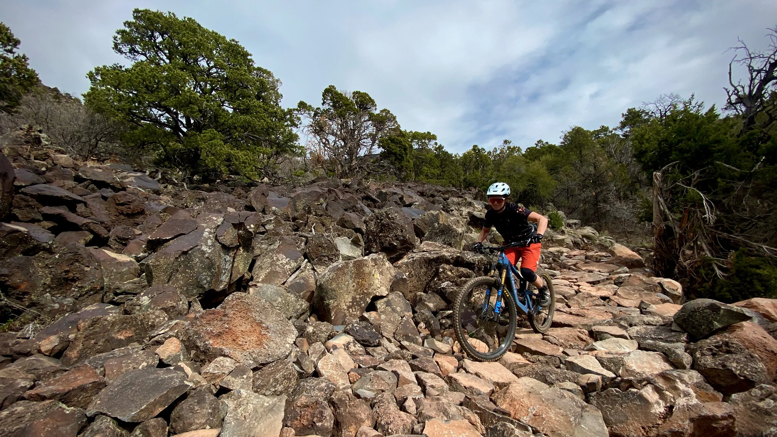 Person mountain biking on rocky trail in forest, wearing helmet and sunglasses.