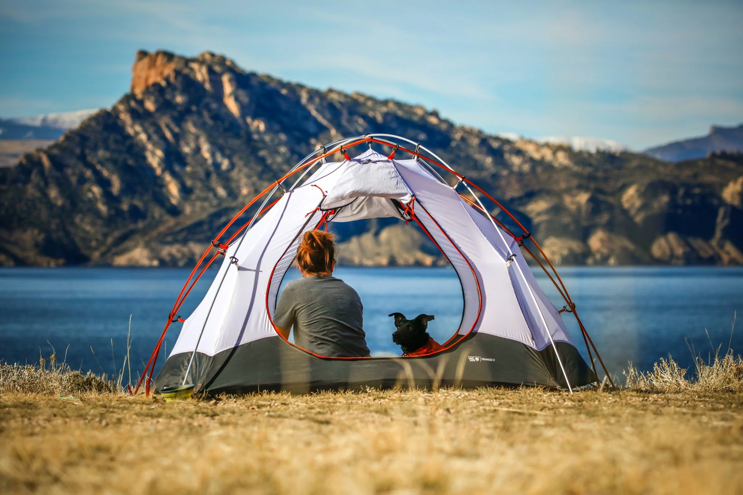A woman and her dog sitting inside a simple tent outdoors
