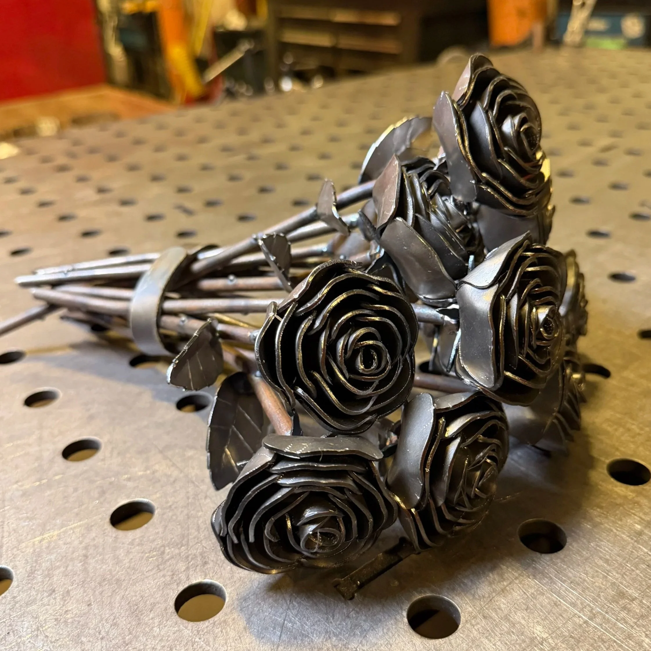 Dozen Handcrafted Steel Roses with Removable Band