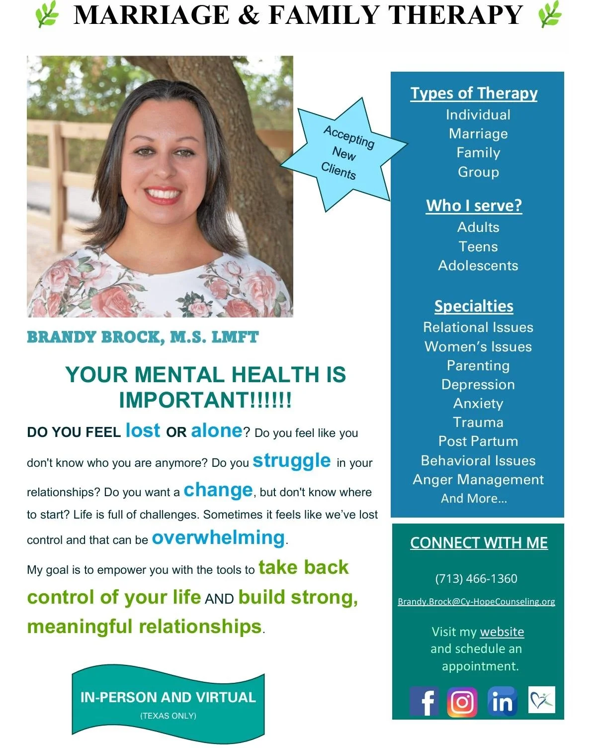 Hello! I&rsquo;m Brandy Brock, a Licensed Marriage and Family Therapist. I help individuals, couples, and families build confidence, overcome challenges, and strengthen relationships. My mission is to create a safe, supportive space where you can hea