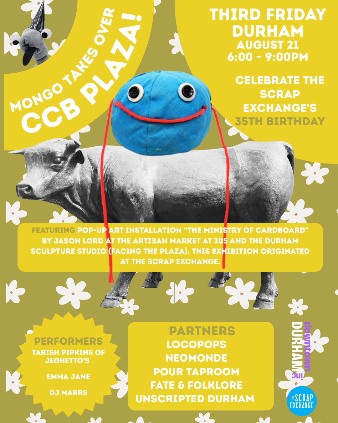 Third Friday Durham Celebrates The Scrap Exchange's 35th Birthday with Giant Mongo Puppet by Jeghetto, Live Music &amp; More at CCB Plaza