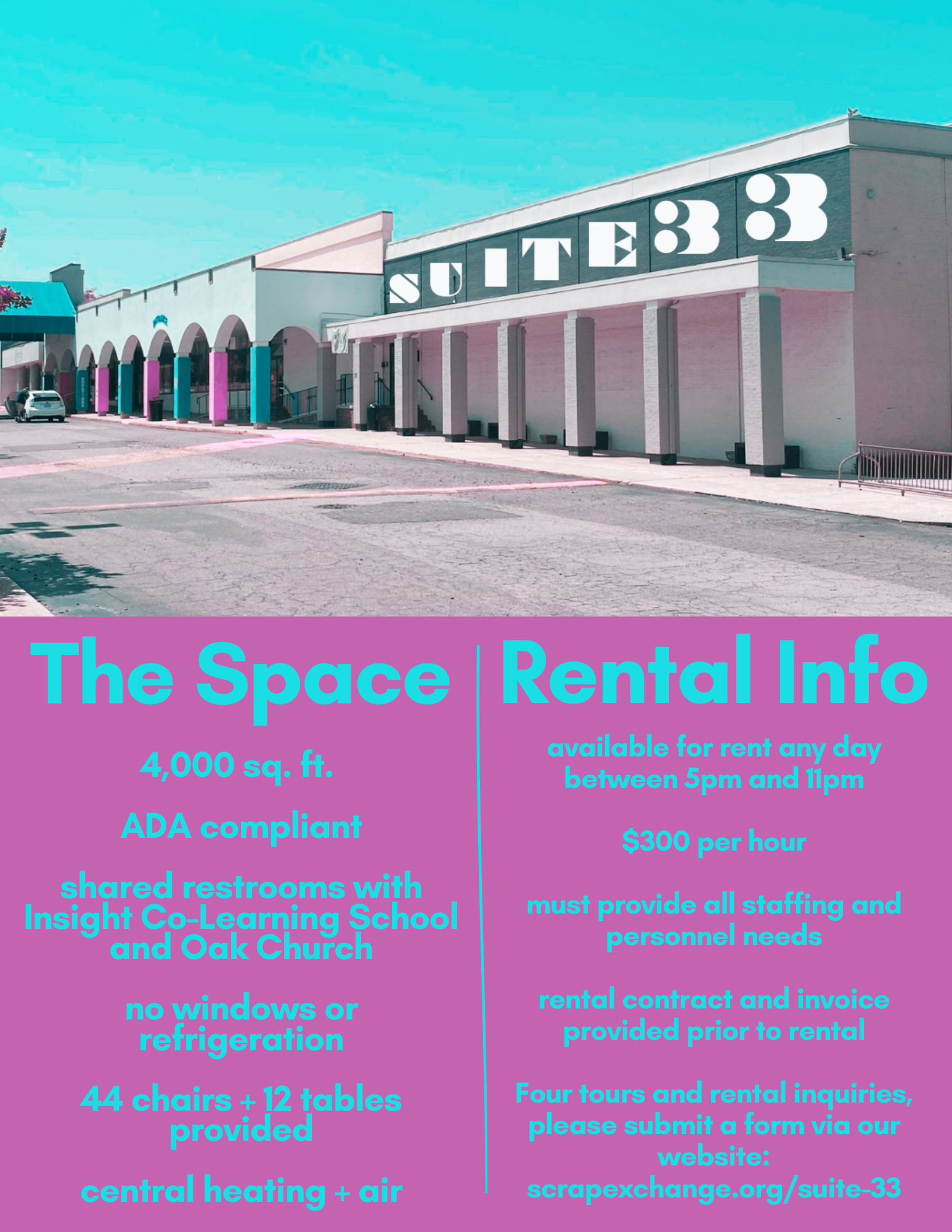 The image shows the exterior of a shopping center or retail space called Suite 33, with a sign displaying rental information for the space. The bottom part of the image contains a list of rental details, including square footage (4,000 sq. ft.), compliance with ADA, shared restrooms, no windows or refrigeration, central heating and air, chairs and tables, and other amenities. The description is set against a purple background with bright blue and white text.