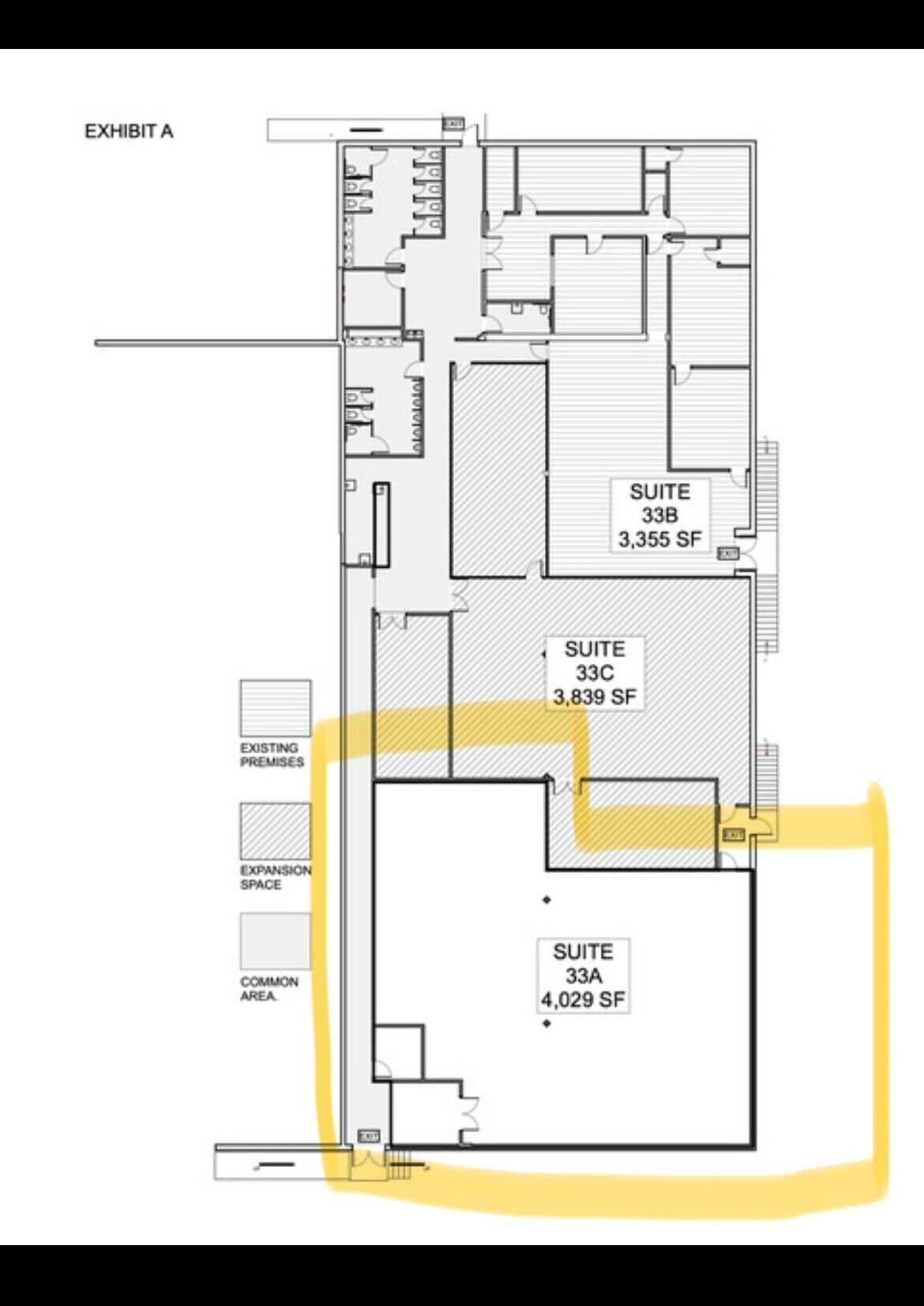 Architectural floor plan of a building with highlighted hallways, showing several suites ranging from 3,355 to 4,029 square feet, and areas marked for existing premises, expansion space, and common area.