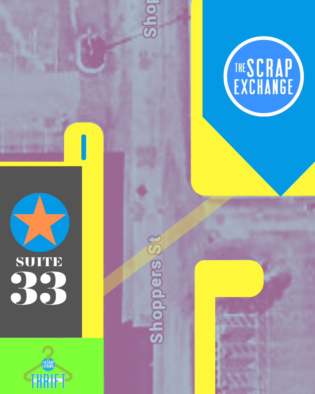 Colorful digital graphic featuring store labels with