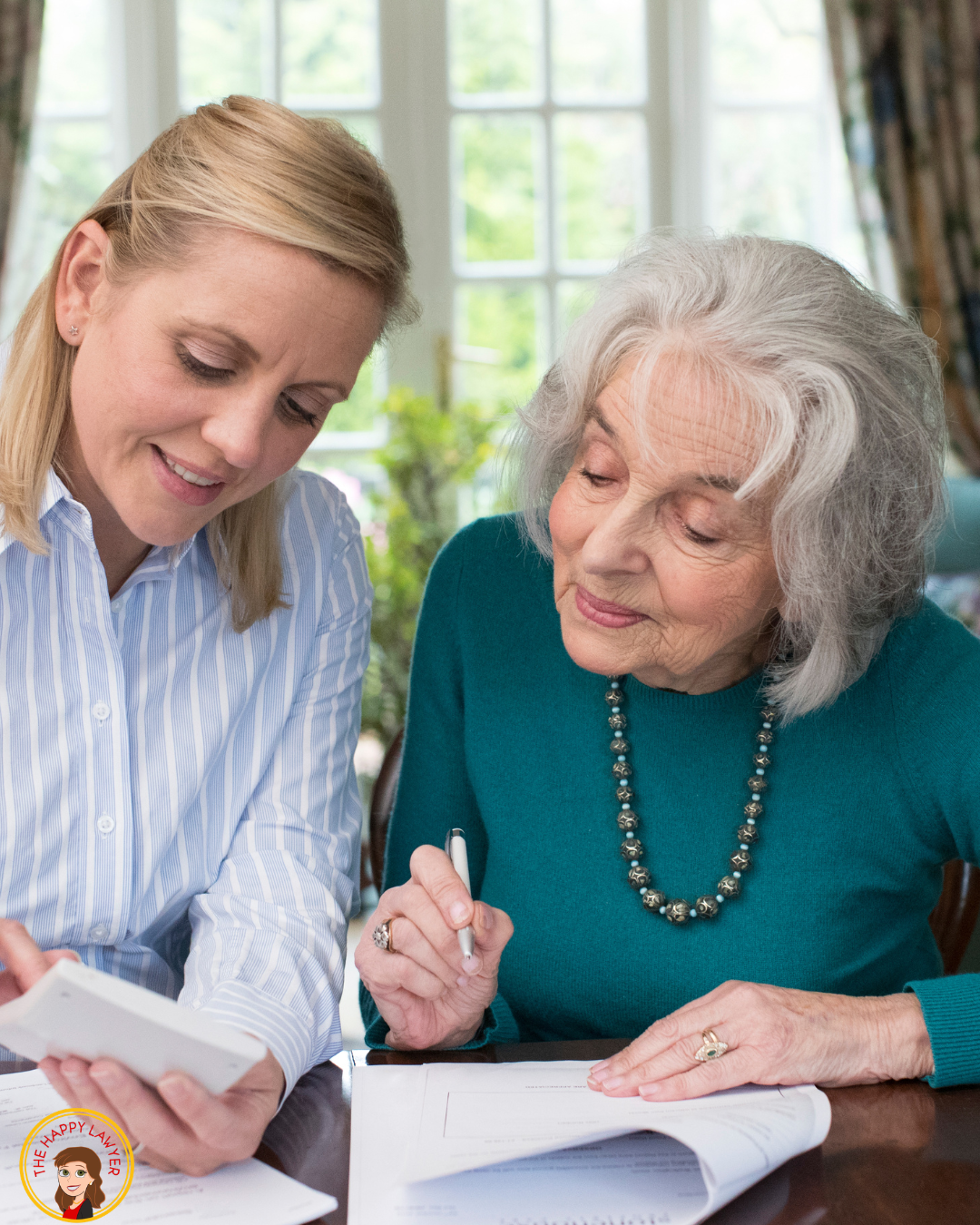 Adult daughter helping her aging mother locate important estate planning documents at home.