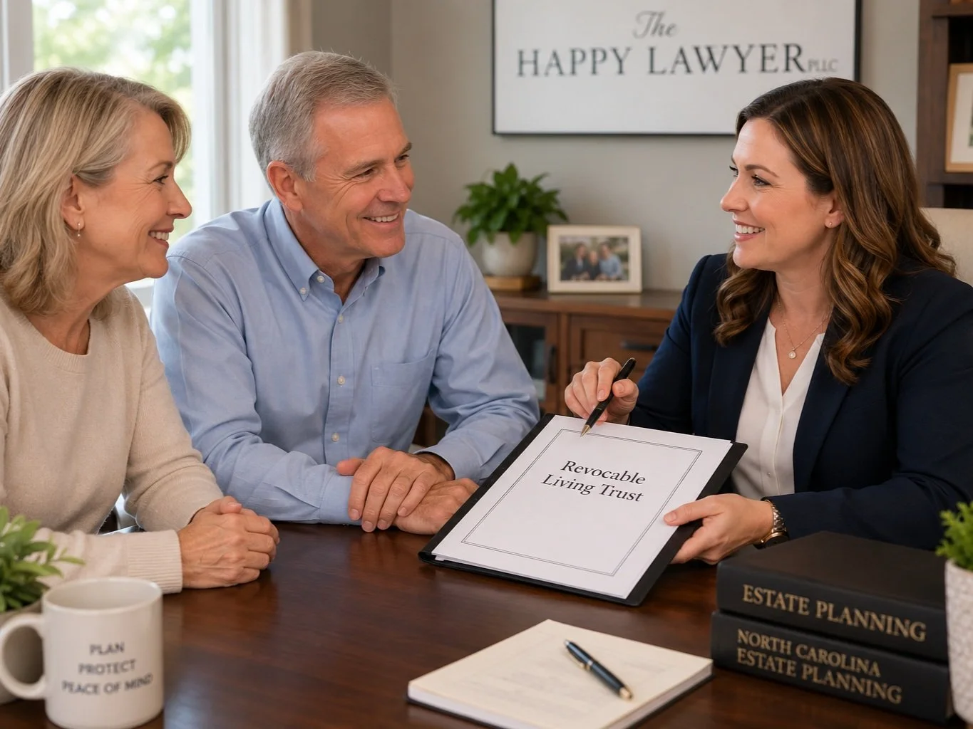 North Carolina couple meeting with an estate planning attorney to review a revocable living trust.