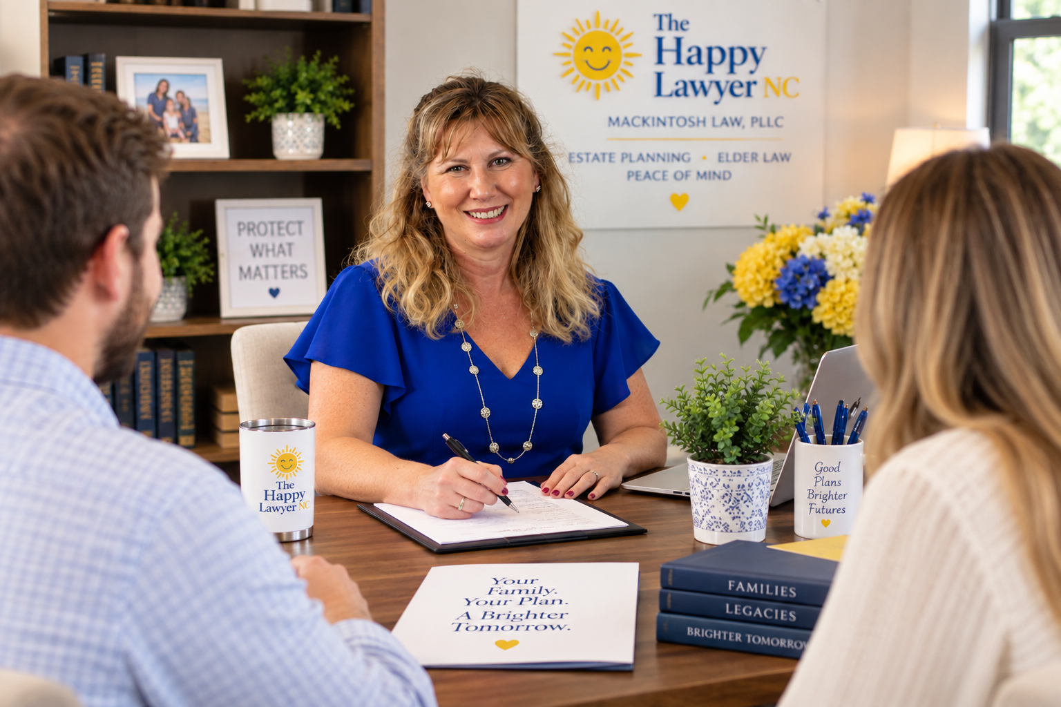 Estate planning attorney Kristen Mackintosh meeting with parents to discuss protecting their children's inheritance through thoughtful estate planning in Garner, North Carolina.
