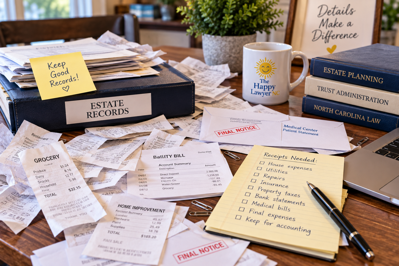 Estate records, receipts, bills, and financial documents illustrating the importance of accurate executor recordkeeping in North Carolina.