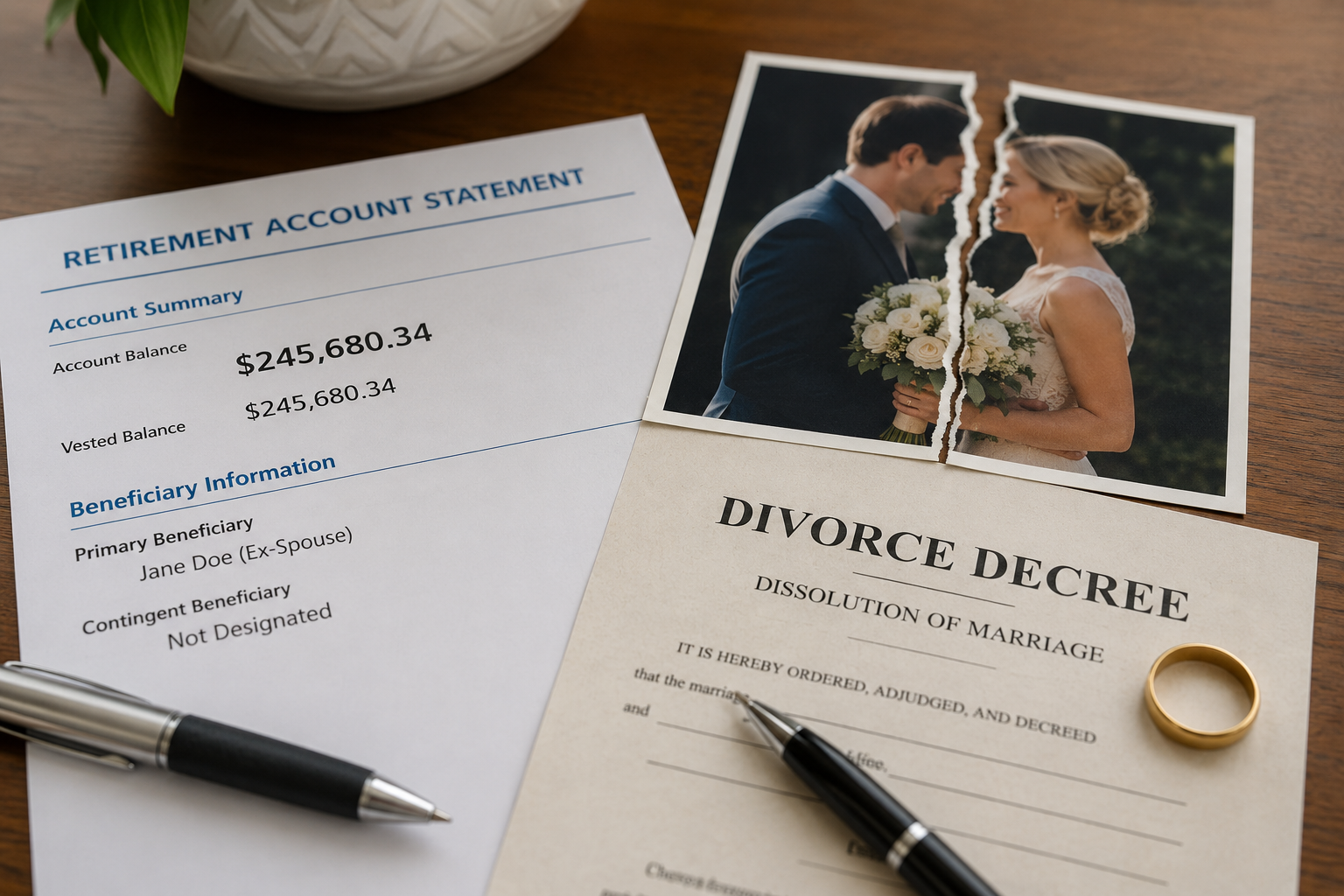 Retirement account statement and divorce documents illustrating the importance of updating beneficiary designations after divorce.