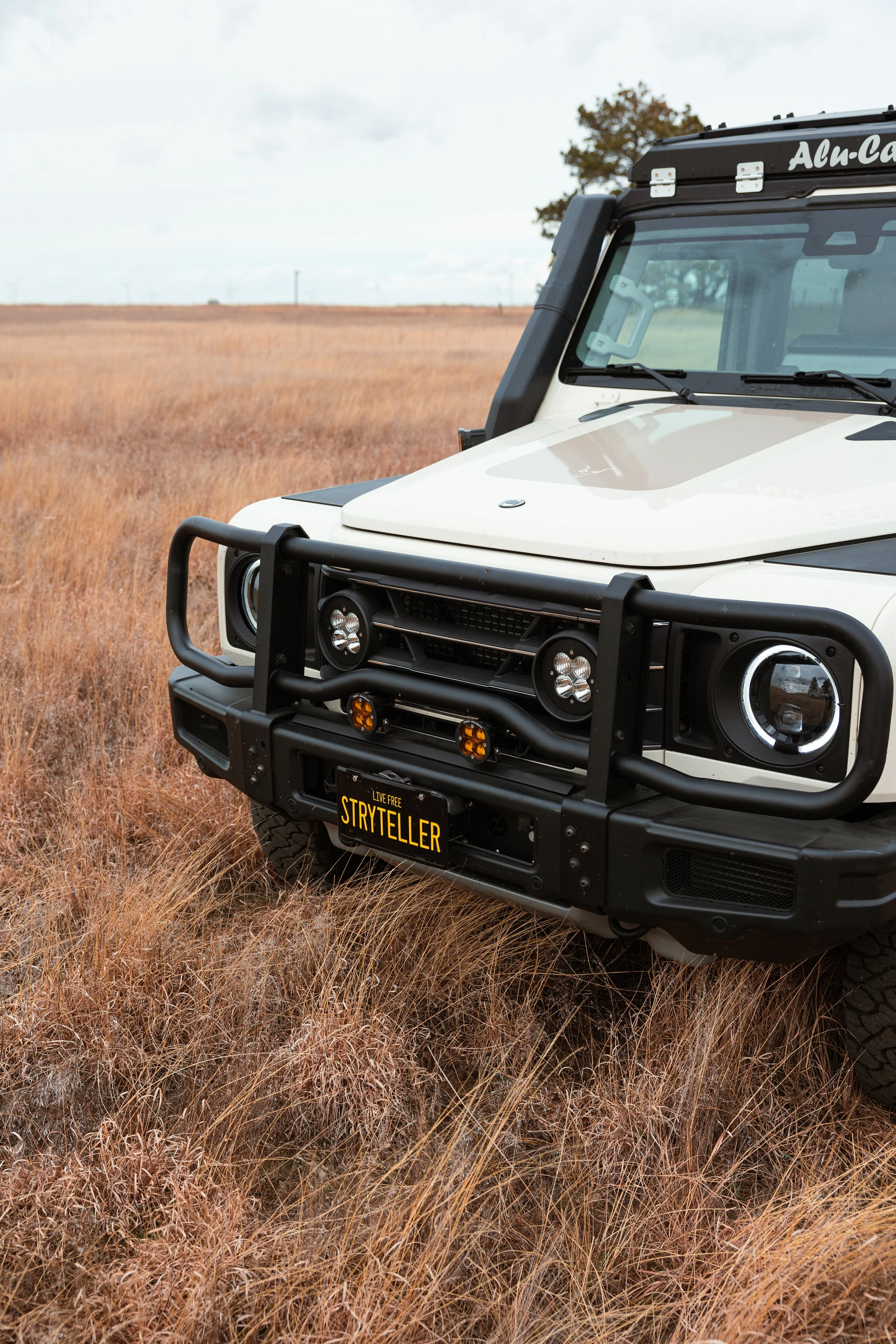A white off-road vehicle with a black bumper guard and a custom license plate reading 'STRYTELER' is parked in a field of tall, dry grass.