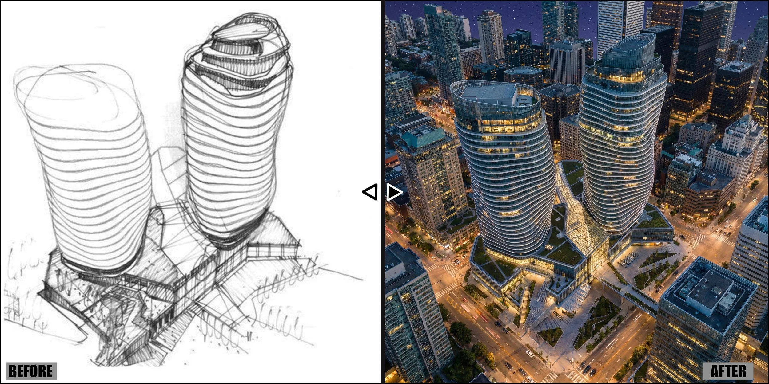 Comparison of an architectural sketch of a modern high-rise building with two curved towers on the left side and a detailed aerial photo of the completed building complex at night on the right side.
