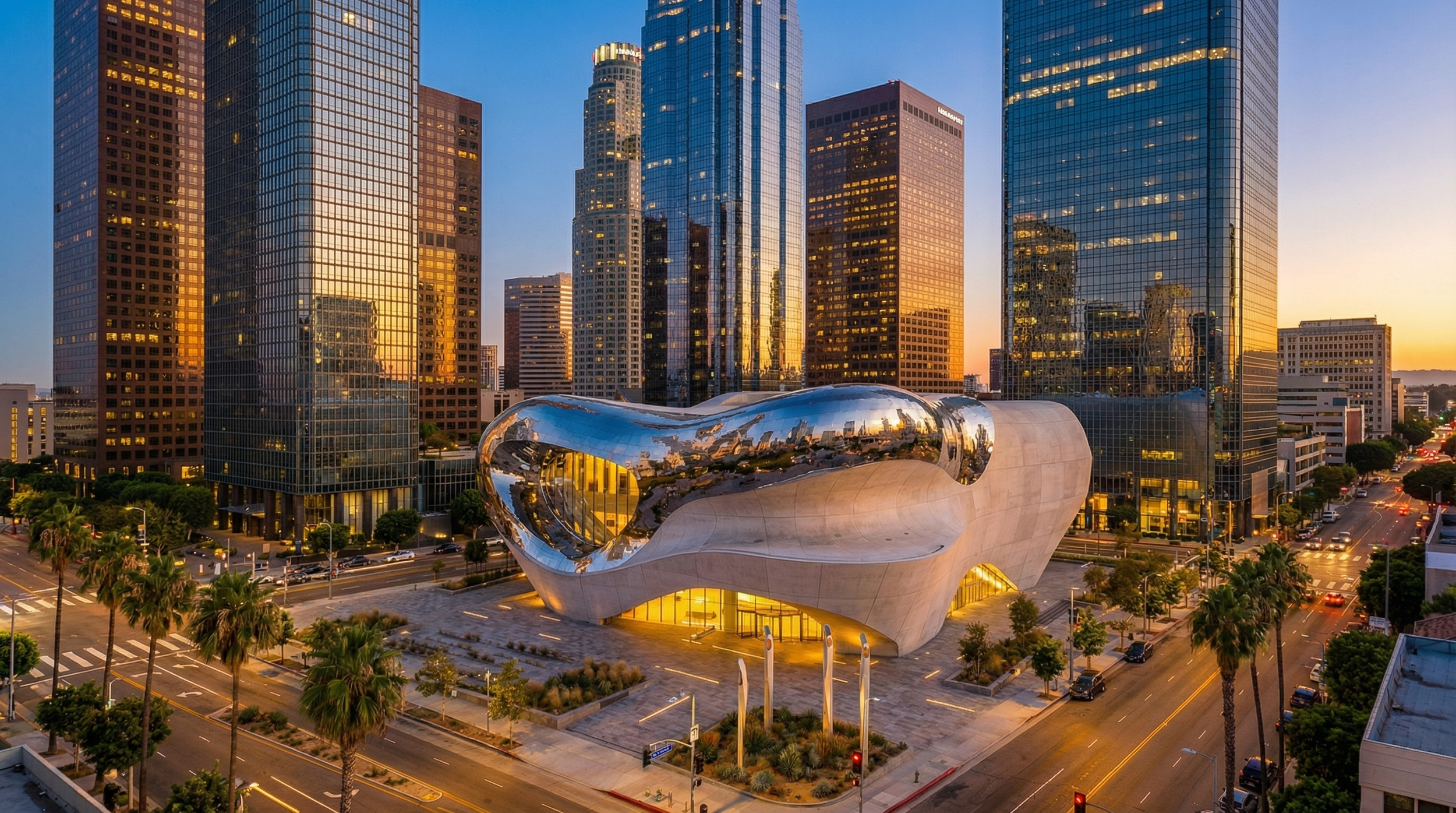 A city skyline at sunset featuring modern skyscrapers and a distinctive, futuristic building with a metallic, organic shape.