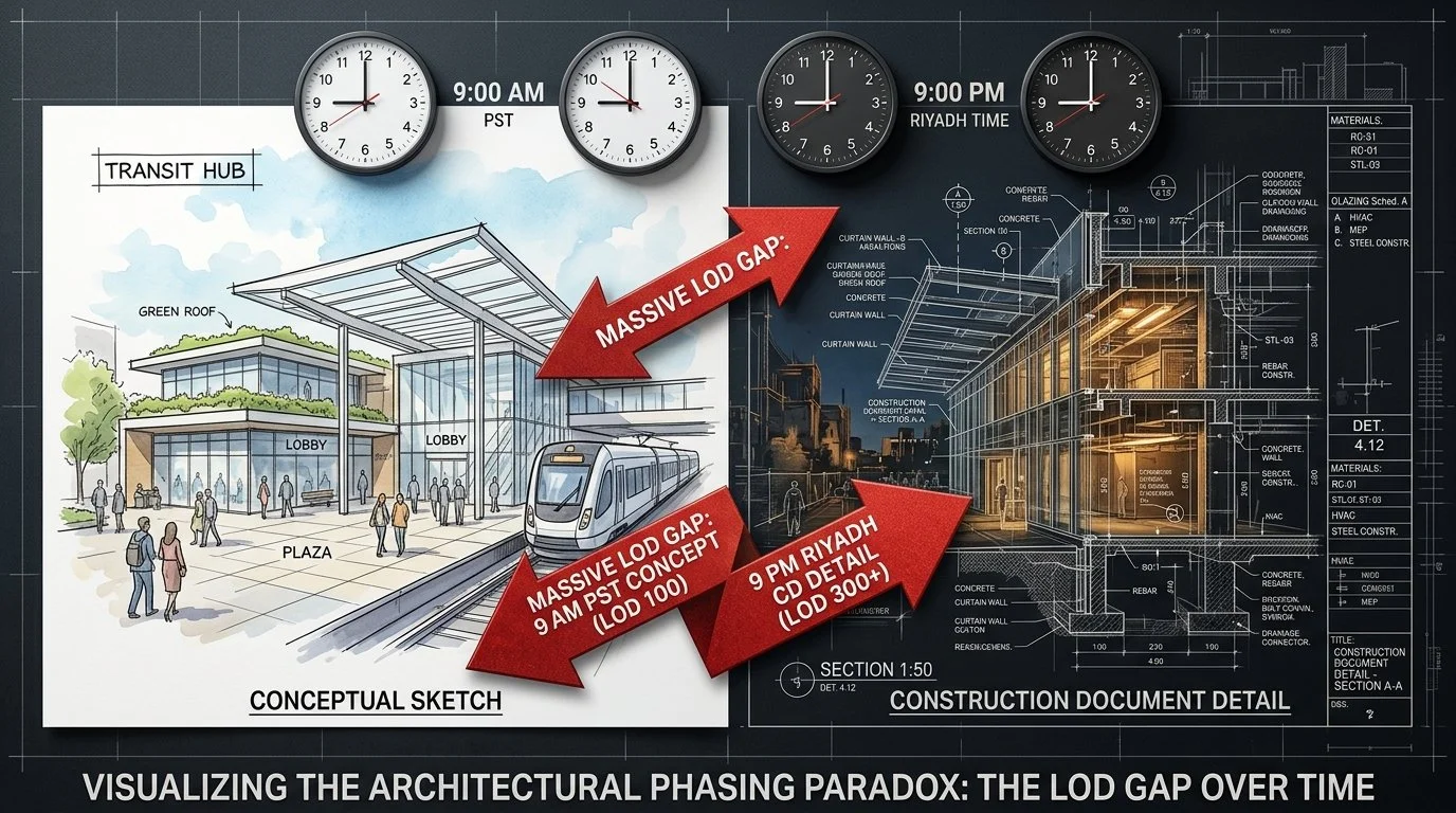 Visualizing the architectural phasing paradox and LOD gaps between Western conceptual design and regional construction execution for international projects