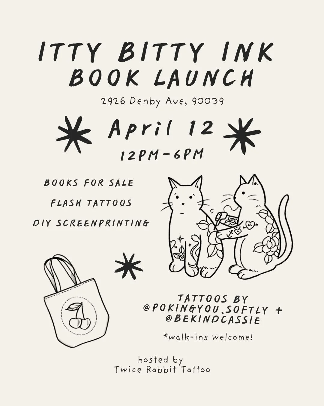 Come by on April 12 to celebrate @pokingyou.softly book launch! 🎀🦢

⭐️ shop the new book! 
⭐️ tattoos by @pokingyou.softly and @bekindcassie from the flash sheet in this post. Walk ups welcome and encouraged! 
⭐️ DIY screenprinting - we&rsquo;ll ha