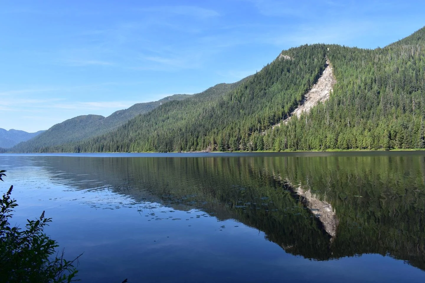 A serene mountain lake surrounded by evergreen trees and mountain slopes under a clear blue sky, with the reflection of the mountains and trees in the calm water.